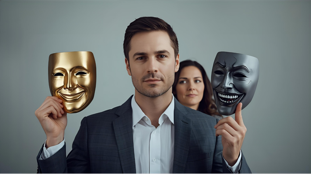 Ein Mann h&auml;lt zwei Masken in den H&auml;nden: eine ist aus Gold und zeigt ein freundliches L&auml;cheln und eine ist schwarz und zeigt ein b&ouml;ses Gesichtsausdruck. Symbolbild f&uuml;r die Beziehung mit einem Narzissten und st&auml;ndige Wechseln von N&auml;he und Distanz