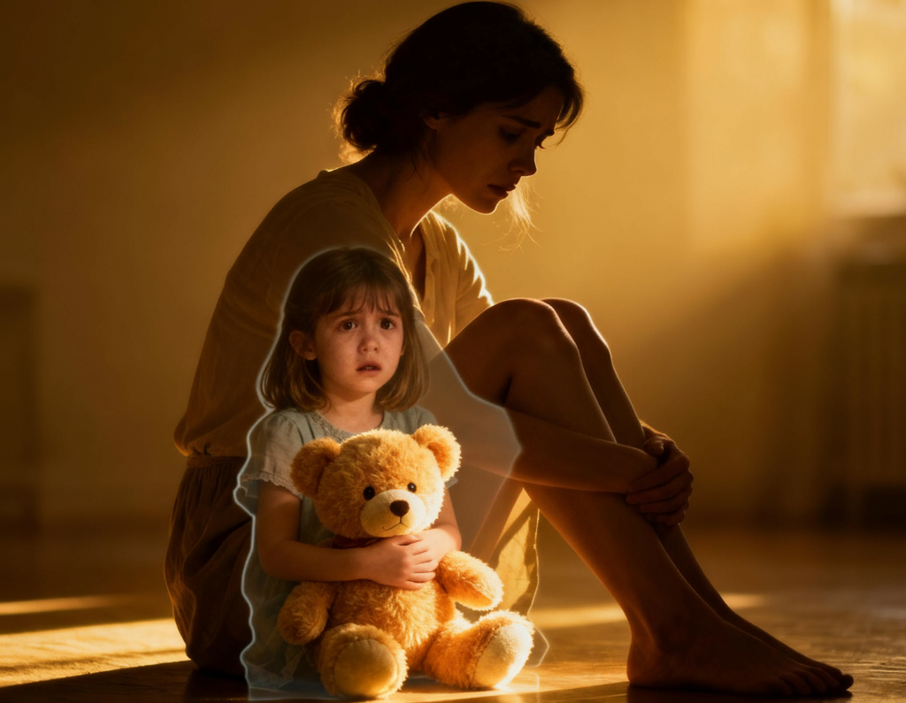 Eine Frau sitzt mit angezogenen Knien auf dem Boden, ihr K&ouml;rper ist durchsichtig und man erkennt ein kleines M&auml;dchen, das mit von Schreck aufgerissenen Augen ein Teddyb&auml;r in den H&auml;nden h&auml;lt. Das Bild steht f&uuml;r die Ursachen emotionaler Abh&auml;ngigkeit in der Kindheit.