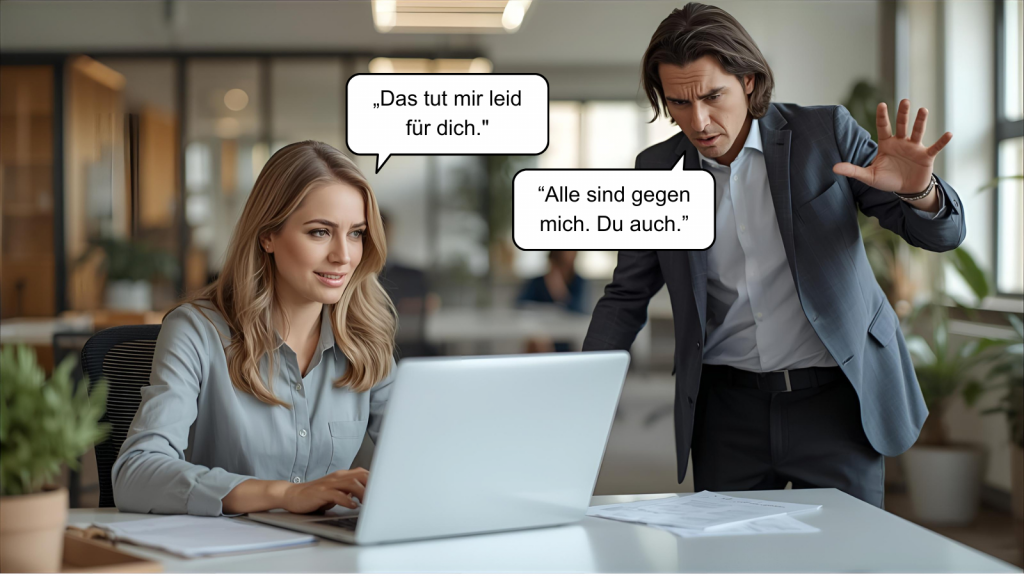 Eine Frau sitzt ruhig an ihrem Laptop, w&auml;hren ein Mann sichtbar aufgeregt an ihrem Schreibtisch steht und wild gestikuliert. Ein Symbolbild f&uuml;r Umgang mit Narzissten