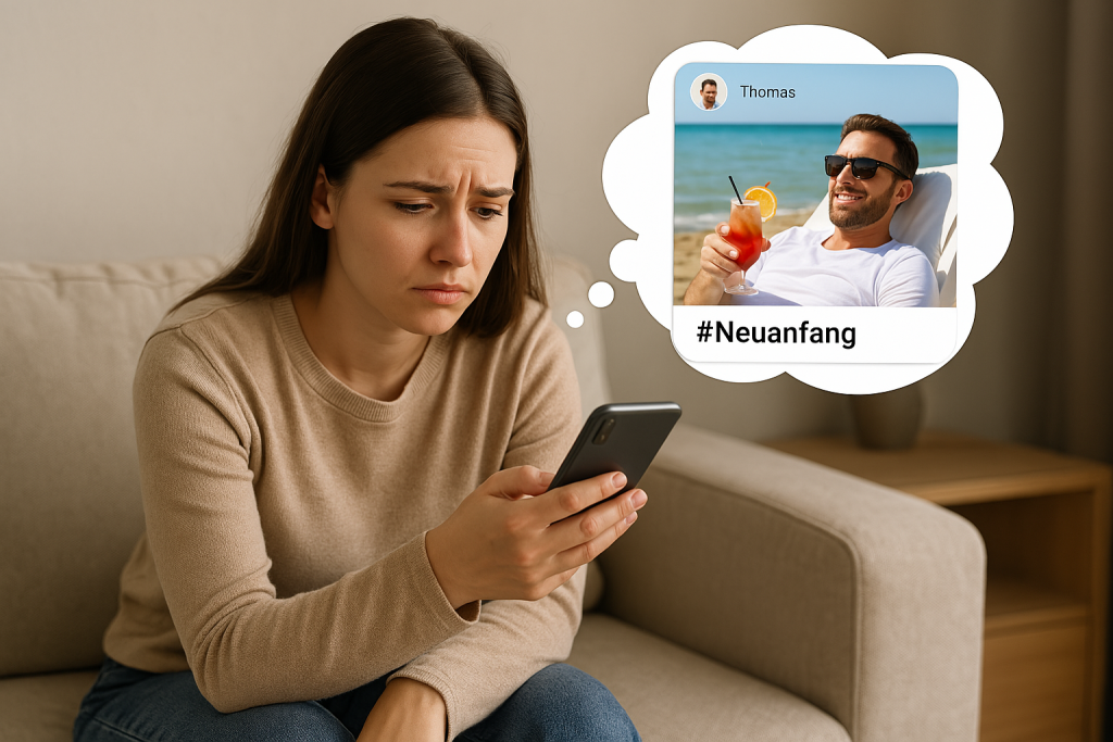 Frau sitz auf der Couch, Handy in der Hand und sieht wie ihr narzisstischer Ex scheinbar glücklich sein bestes Leben lebt, während sie noch leidet.