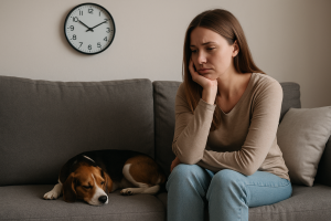 Eine Frau sitzt traurig auf dem Sofa. - Ein Symbolbild für Liebeskummer
