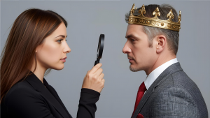 Eine Frau betrachtet mit der Lupe inder Hand, einen Mann mit einer goldener Krone, Symbolbild für Narzissten verstehen.