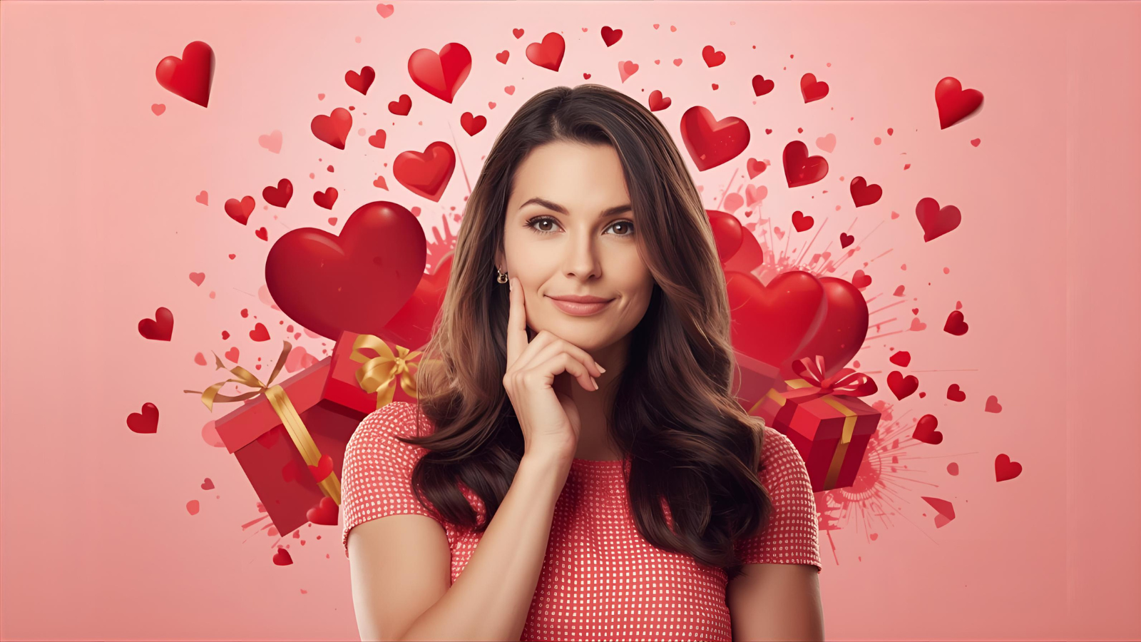 Frau umgeben von explodierenden Herzen, Geschenken, Nachrichtenblasen - ein Symbolbild für Love Bombing