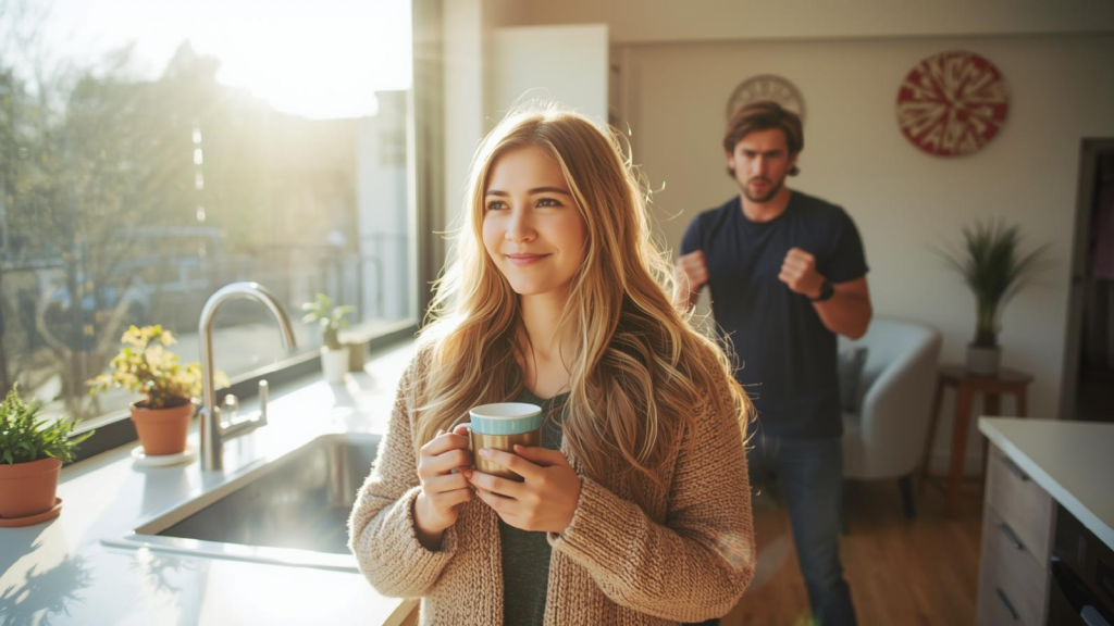 Eine Frau trinkt gelassen ihr Kaffee, w&auml;hren ihr Freund sie b&ouml;se anschaut. Ein Symbolbild f&uuml;r einen Narzissten, der Kontrolle &uuml;ber die Opfer verliert.