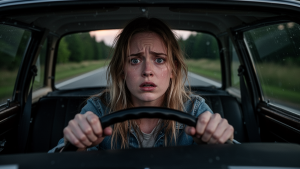 Traurige Frau am Steuer auf einsamer Landstraße, schockiert und orientierungslos in der Schockphase der Trauer bei der Trennung