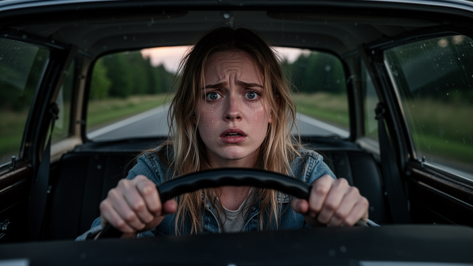 Traurige Frau am Steuer auf einsamer Landstraße, schockiert und orientierungslos in der Schockphase der Trauer bei der Trennung