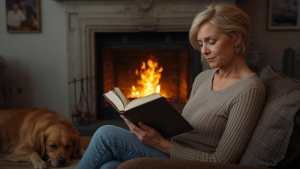 Gelassene Frau Anfang 50 vor Kamin mit Buch und Hund – Symbol für Neuanfang nach Trennung, neue Freiheit und innere Stärke.