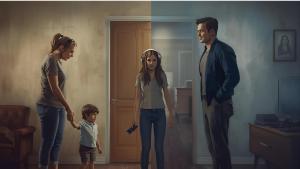 Ein getrenntes Ehepaar mit 2 Kindern, als Symbolbild für Trennung von einem Narzissten mit gemeinsamen Kindern
