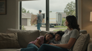 Trennung mit Kindern – wer muss ausziehen? Mutter bleibt mit den Kindern im gemeinsamen Zuhause, Vater trägt Umzugskartons zum Transporter