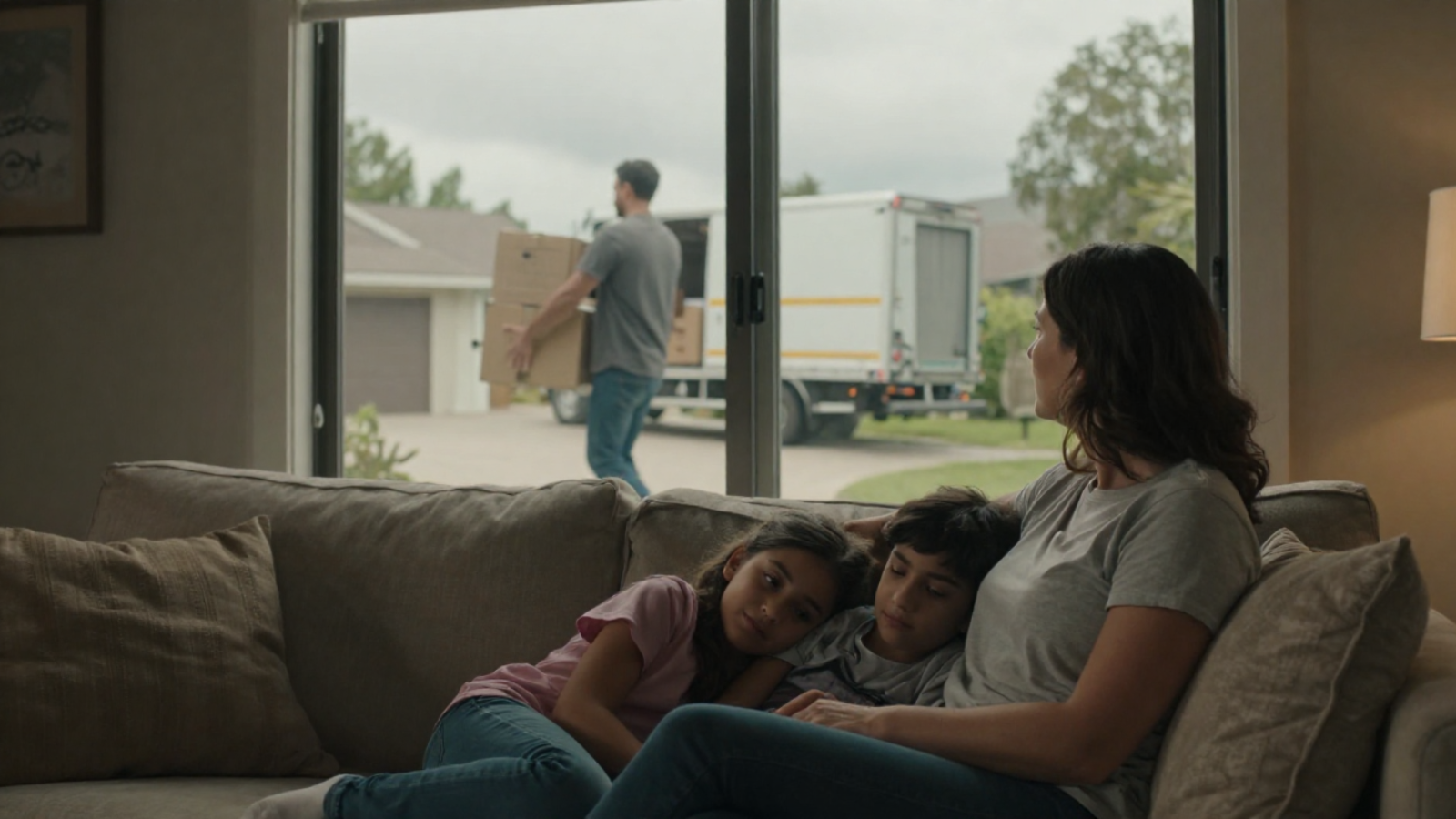 Trennung mit Kindern – wer muss ausziehen? Mutter bleibt mit den Kindern im gemeinsamen Zuhause, Vater trägt Umzugskartons zum Transporter