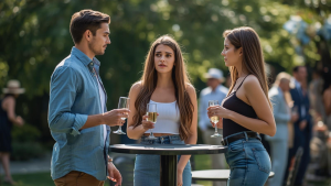 Frau fühlt sich auf einer Gartenparty neben ihrem Partner ausgegrenzt, der mit einer anderen Frau flirtet – ein klassisches Beispiel für die Psychologie der Triangulation in toxischen Beziehungen.