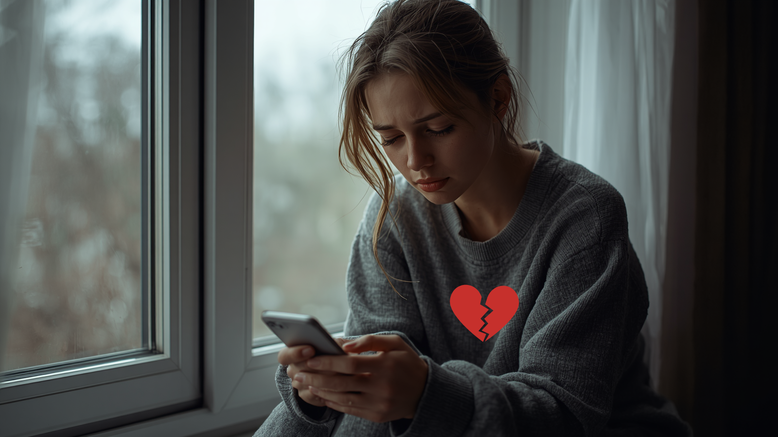 Junge, traurige Frau sitzt in bequemer Kleidung auf einer Fensterbank und schaut weinend auf ihr Smartphone, was die emotionale und körperliche Belastung bei der Verarbeitung einer Trennung symbolisiert.