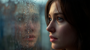 Eine Frau schaut traurig aus dem Fenster, ein Symbolbild für Depression nach einer Trennung