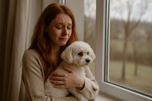 Eine weinende Frau mit einem Hund auf dem Arm am Fenster, sie fragt sie "Wie-trenne ich mich von einem Narzissten?"